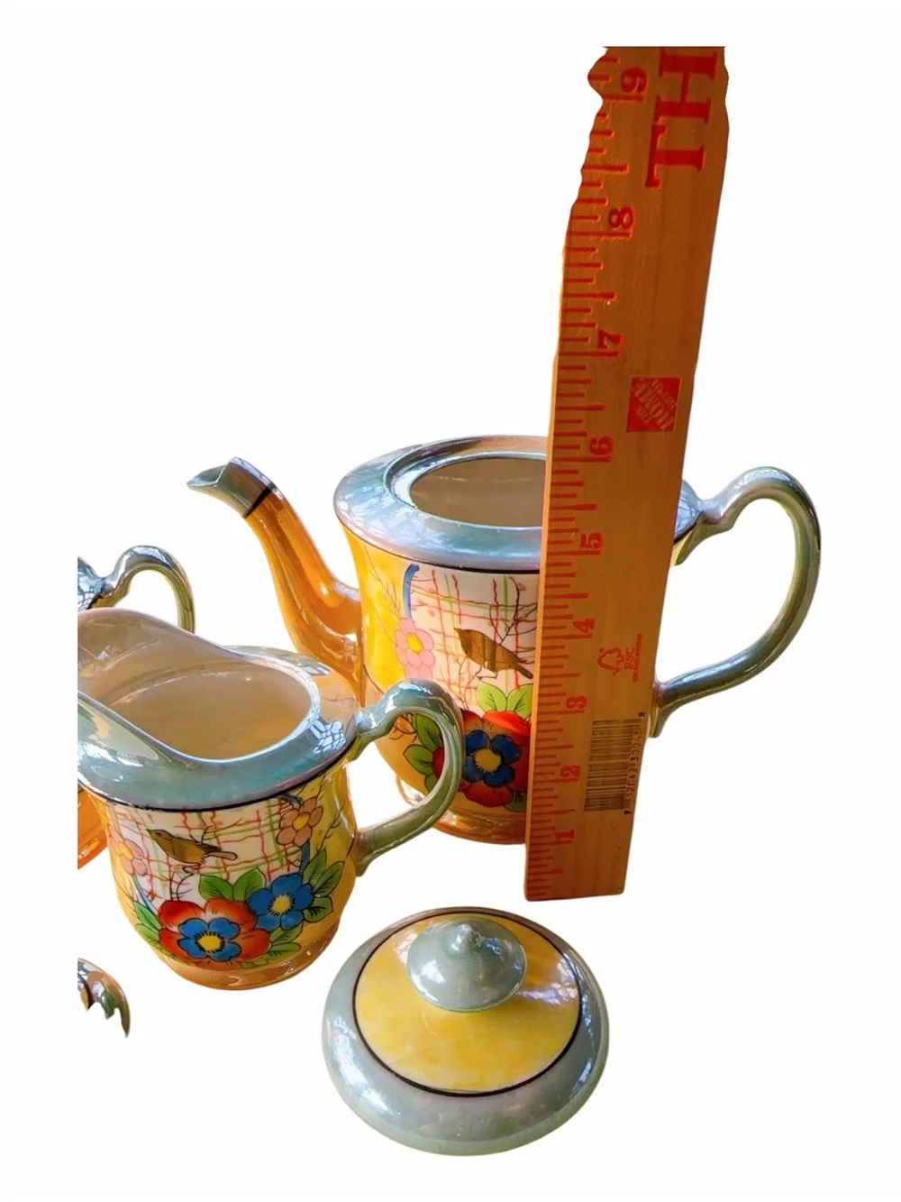 Vintage hand painted Japan lusterware tea set teapot,sugar y creamer bird floral